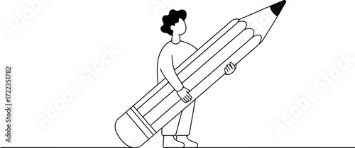 A person is depicted holding an oversized pencil, emphasizing the importance of creativity and writing.
