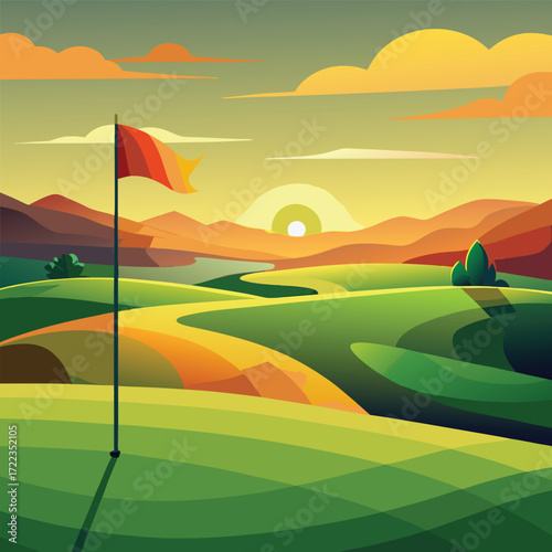 Golf Course Landscape with Winding Path and Sunset