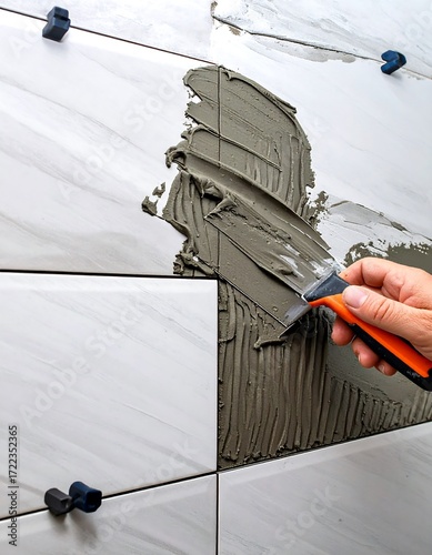 Tile installation in progress