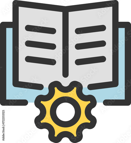 Icon of an open book with a gear, symbolizing user manual, guide, or documentation. Suitable for education, software, and technical support designs