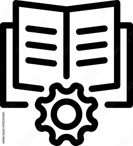 Icon of an open book with a gear, symbolizing user manual, guide, or documentation. Suitable for education, software, and technical support designs