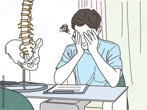 座りながら頭を抱える整体師の男性