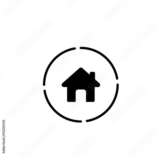 Minimalist home icon enclosed in a dashed circle. A simple vector glyph for website homepages, user interfaces, and mobile applications