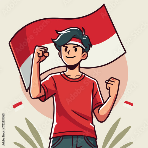 Boy in a Red Shirt Celebrates Indonesian Youth Pledge Day in a Flat Design Illustration
