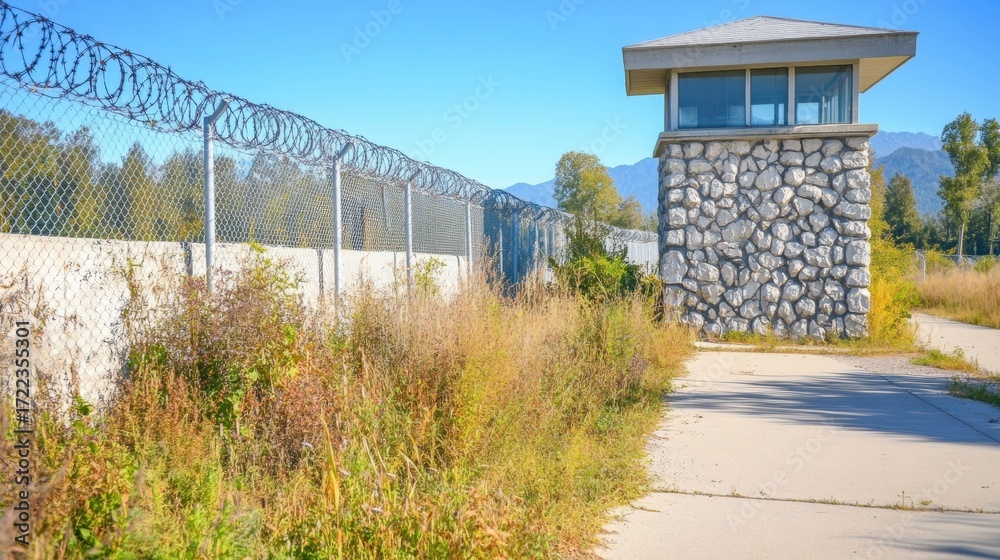 Obraz premium Prison guard tower beside a barbed wire fence in a rural setting