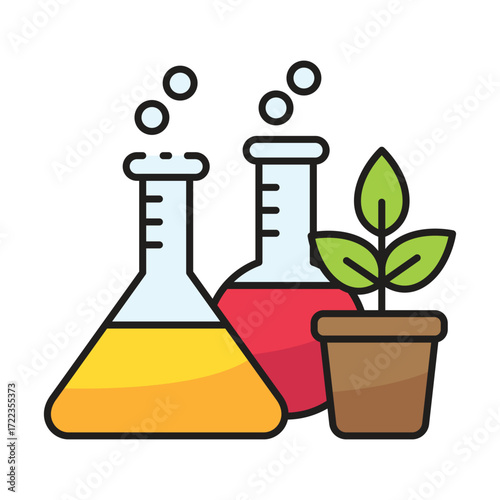 Chemical flasks with a potted plant