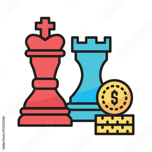 Chess pieces and coins