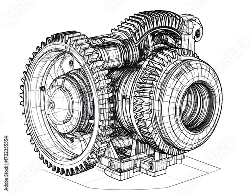 Technical drawing of a complex gear mechanism