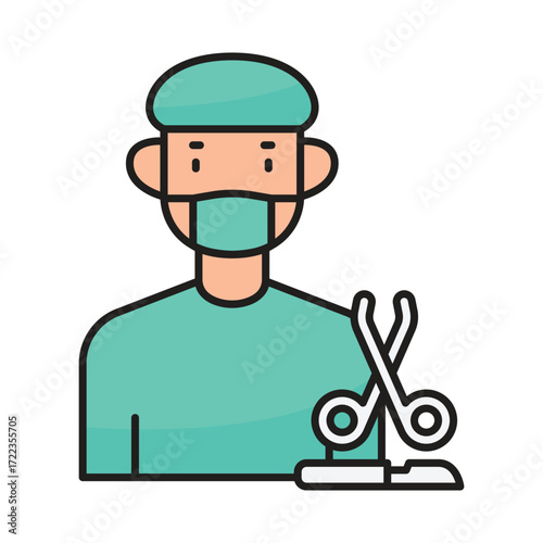 Cartoon surgeon in scrubs and mask with medical tools