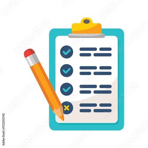 Checklist clipboard with pencil and checkmarks