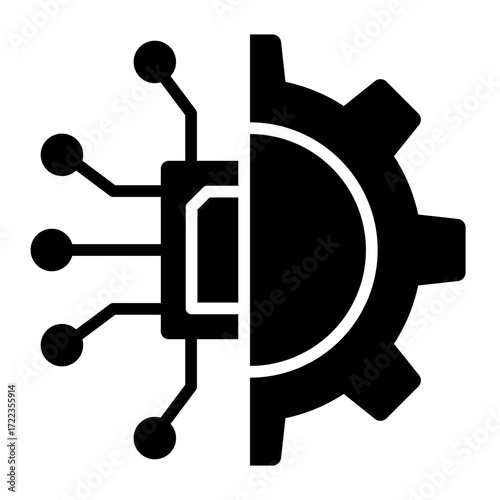 machine learning glyph icon showing gear with circuit process connection