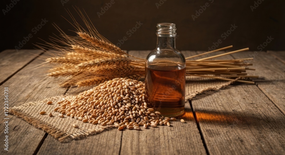 Fototapeta premium Wheat grains and oil, rustic setting