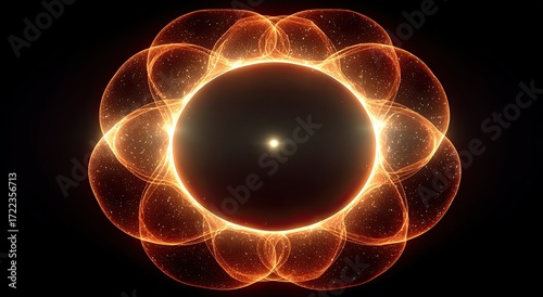 Cosmic flower; orange energy rings around a central sun