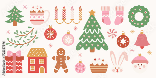 Charming collection of flat design christmas elements in soft pastel colors
