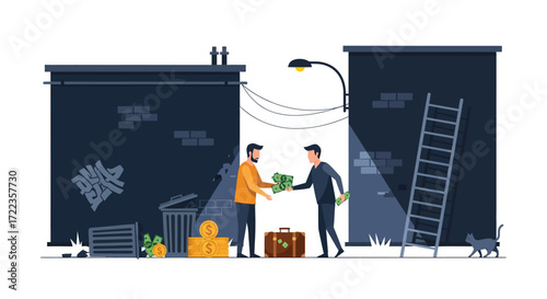 Two Men Exchange Money in a Desolate Urban Alleyway.