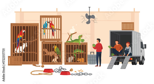Illegal Exotic Animal Trade Caged Parrots Lizards and Mammals Await Transport.