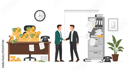 Two Faceless Businessmen Shaking Hands Amidst Cluttered Office with Money and Documents.