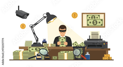 Masked Criminal Counting Illicit Cash in a Dimly Lit Office.