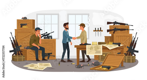 Arms Deal Two Men Shaking Hands Amidst Weapons and Ammunition.