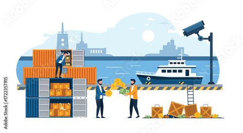 Port Cargo Theft Scene with Money Exchange and Surveillance.