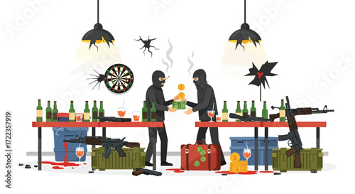 Armed Robbers Counting Stolen Money Amidst Weapons and Alcohol in a Bar.