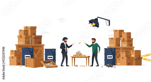 Cartoon Smugglers Exchanging Money Under a Flickering Lamp with Cardboard Boxes.