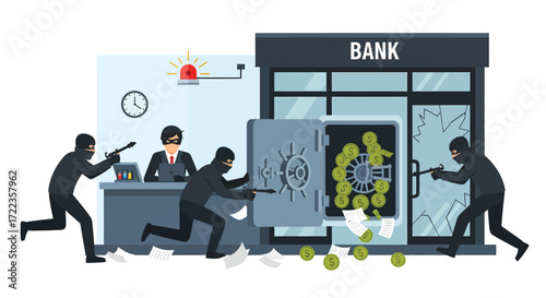 Armed Bank Robbery in Progress with Masked Criminals and Stolen Money.
