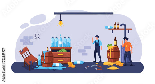 Cartoon depiction of an illegal distillery with two workers and broken furniture.