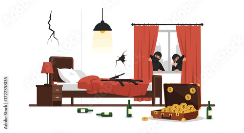 Masked Burglars Observing Stolen Cash and Weapons in a Messy Bedroom.