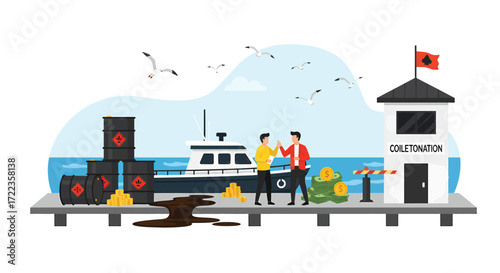 Oil Spill Boat and Businessmen Celebrate at Coiletonation with Money and Barrels.