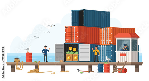 Animated Port Scene with Shipping Containers Dockworkers and Guardhouse.