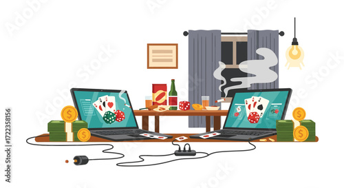 Online Gambling Session in a Smoky Room.