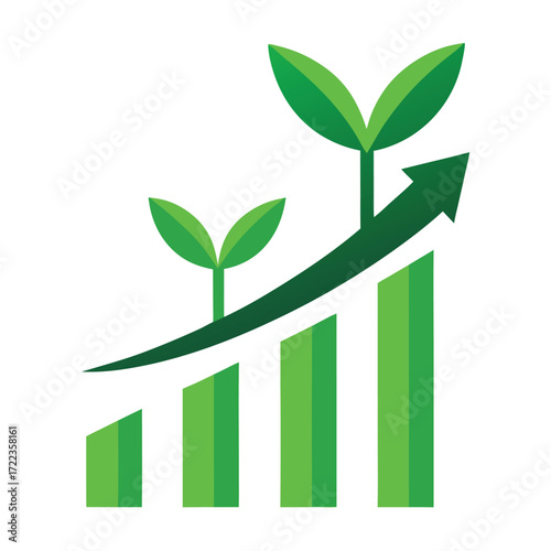Growing plant on a rising bar chart with curved arrow