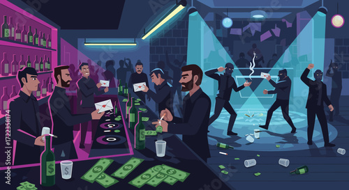 Nightclub Scene Depicting a Transaction with Masked Figures and Money.