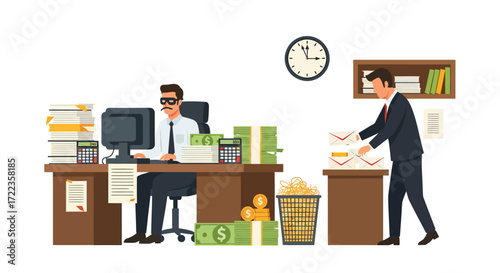 Masked Office Worker Amidst Stacks of Cash and Documents Colleague Sorts Mail.