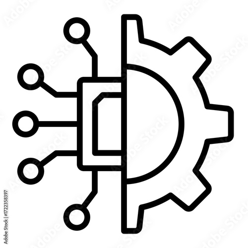 machine learning outline icon showing gear with circuit process connection