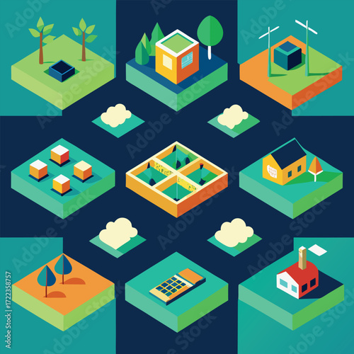 Isometric Elements of Industry, Nature, and Housing