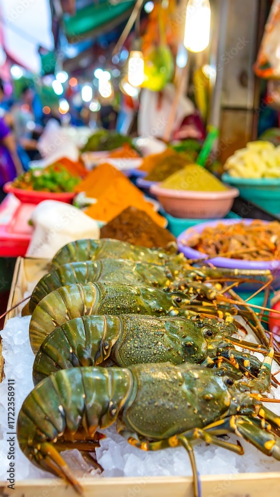 Fototapeta premium Fresh seafood on display at a bustling market