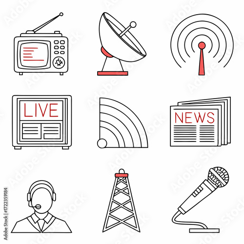 “Flat outline media icons — radio, tv, satellite dish, news anchor, newspaper, microphone, podcast, live stream, camera, broadcast tower — clean thin stroke vector.”
