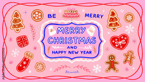 Whimsical merry christmas and happy new year greeting card with festive gingerbread cookies and snowflakes