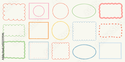 Collection of hand drawn colorful doodle frames and borders on a light background