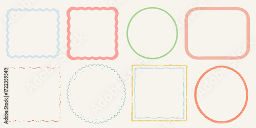 Collection of eight decorative hand drawn frames and borders in pastel colors on a cream background