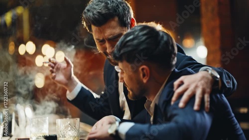 Inebriated friends drinking cognac inside pub closeup. Two smokers embracing