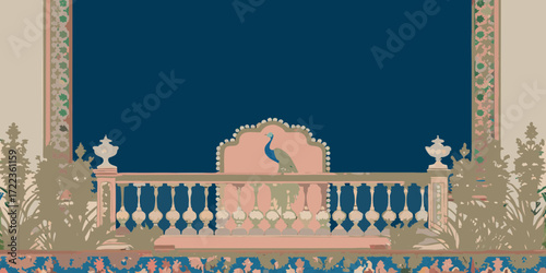 Ornate balcony with a peacock and decorative elements against a deep blue sky