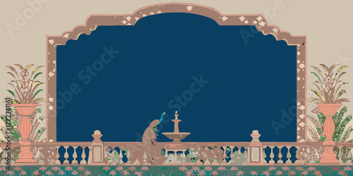 Elegant peacock drinks from a fountain on a balcony with potted plants and floral border