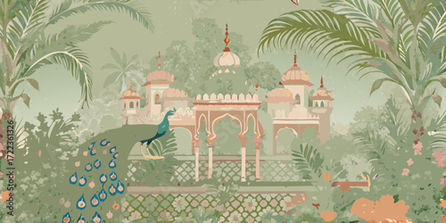 Enchanting indian garden scene with a peacock and ornate mughal architecture in soft pastel colors