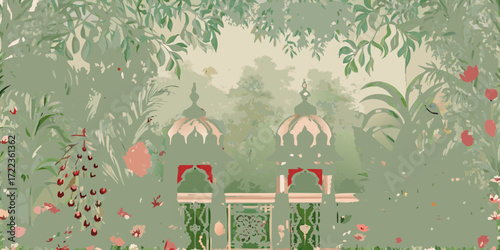 Enchanting garden scene with ornate pavilions and lush foliage in soft pastel colors