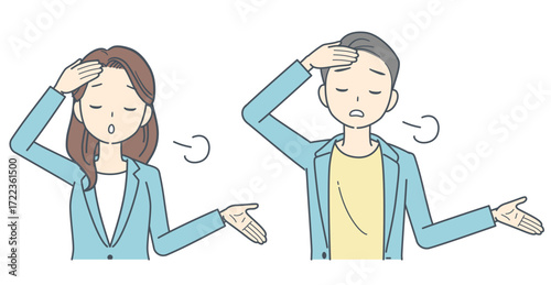 呆れた表情でため息をつくジャケットを着た男性と女性のイラスト