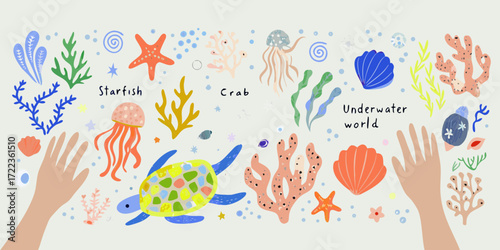 Whimsical hand drawn underwater world with turtle starfish jellyfish and coral reef elements