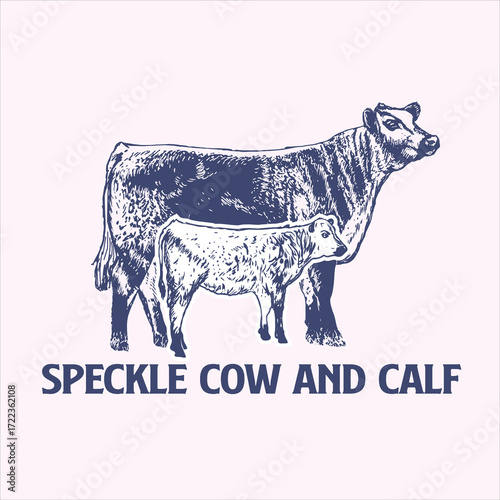 Vector art of speckle cow and calf illustration on a light pink background
